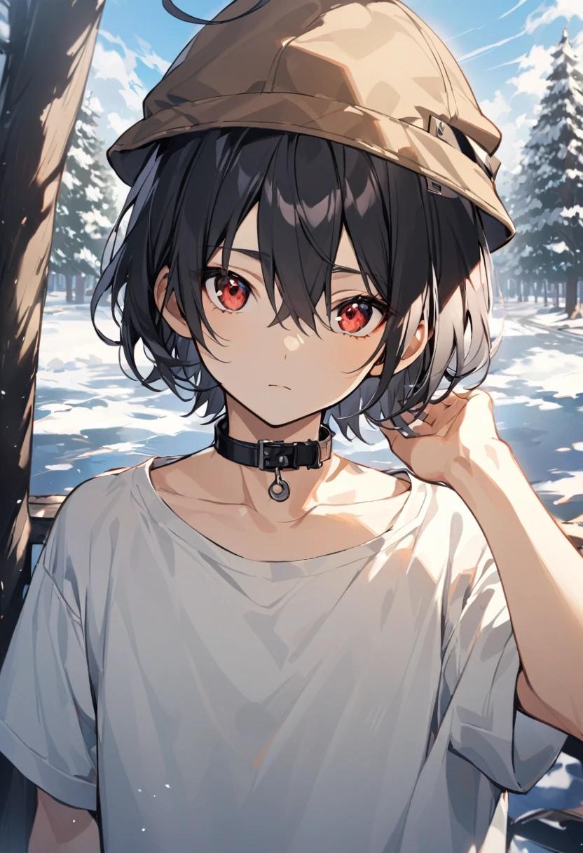 small ,alone, looking at viewer, short hair, bangs, shirt, black hair, red eyes, 1boy, hair between eyes, spaghetti shirt, hat on head, closed mouth, collar bone, upper body, ahoge, focus , outdoor, day, tree, winter,