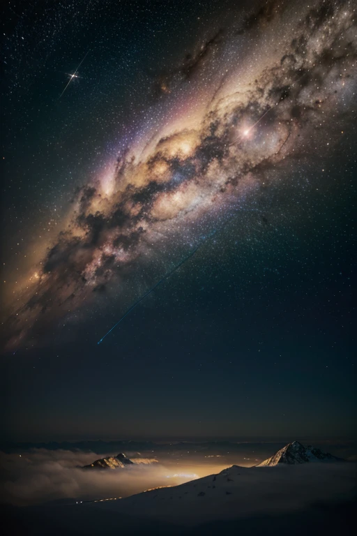 No human, no characters, just a landscape : A breathtaking explosion of light, emanating from the center of the image, surrounded by swirling, wispy clouds. The clouds are illuminated by the radiant light, creating a gradient of colors from bright white to deep purple. In the background, a star-studded sky is visible, with countless stars ling in various sizes and intensities. Cosmic dust adds a shimmering effect, with hues of blue, gold, and pink blending seamlessly into the scene. Vibrant beams of light shoot out in all directions, casting a surreal and ethereal glow. The light is so intense it almost feels tangible, creating a sense of awe and wonder. The overall scene is highly detailed, with each star, cloud, and light beam meticulously rendered to enhance the realism and beauty of the cosmic event.
