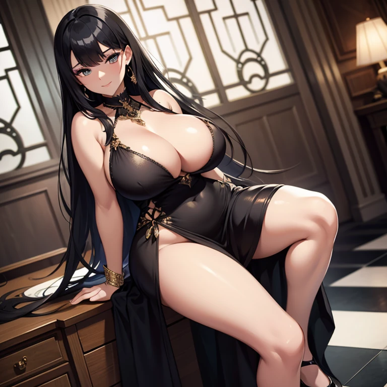 A tall curvaceous and voluptuous seductive lady, with a very long black hair , wearing black pointy heels with black jewelry ornaments on her legs, With her eyes in a sleepy sultry gaze ,her pupils are white , she is wearing a very revealing black silky dress that tugs every of his curves with the fabric of the dress only covering her private parts, she has very large massive soft breasts, With a sultry smile.