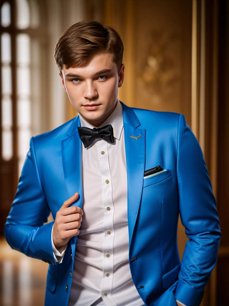 A man in an expensive blue suit and white shirt poses for a photographer, Andrey Ryabovichev, Andrey Ryabovichevой, Alexey Gurylev, oleg bulakh, sergey vasnev, sviatoslav gerasimchuk, Maxim Shirkov, andrey surnov, pavel shvedov, Dmitry BogdanovBest quality, high detail, short hair, Focal length 85 mm, Canon, Диафрагма F2.8, background blur, soft lighting,