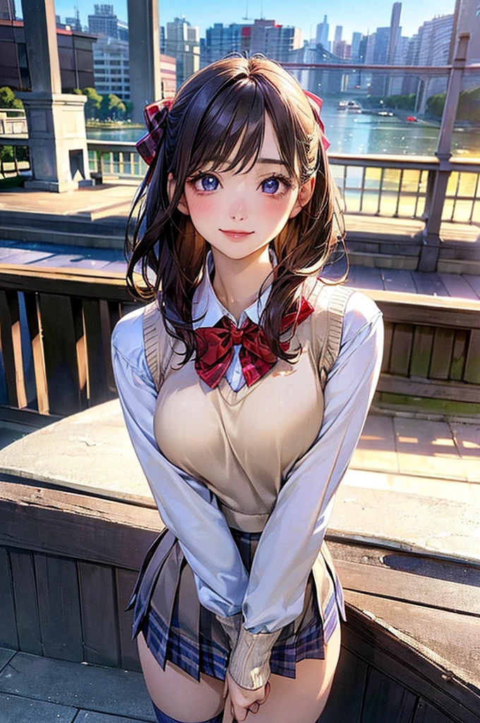 (masterpiece:1.2, Highest quality), (Realistic, photoRealistic:1.4), Beautiful illustrations, (Natural Side Lighting, Cinema Lighting), View your viewers, Cowboy Shot, Front view:0.6, 1 girl, Japanese, high school girl, Perfect Face, Cute and symmetrical face, Glowing Skin, (Mid-length hair:1.5, short hair:1.4, Purple Hair), Parted bangs, Light blue eyes, Long eyelashes, (Large Breasts:0.9, Thick thighs), Beautiful Hair, Beautiful Face, Beautiful attention to detail, Beautiful clavicle, Beautiful body, Beautiful breasts, Beautiful thighs, Beautiful feet, Beautiful fingers, ((Light blue long sleeve shirt, Blue checked pleated mini skirt, socks, Brown Loafers, Red bow tie, Beige knitted vest)), Pink Panties, (Beautiful views), evening, River side, walk, Place your hand on your chest, (Cute smile )