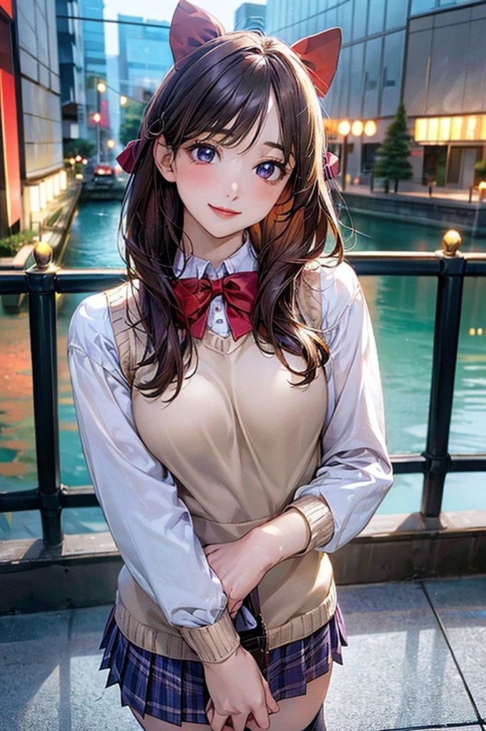 (masterpiece:1.2, Highest quality), (Realistic, photoRealistic:1.4), Beautiful illustrations, (Natural Side Lighting, Cinema Lighting), View your viewers, Cowboy Shot, Front view:0.6, 1 girl, Japanese, high school girl, Perfect Face, Cute and symmetrical face, Glowing Skin, (Mid-length hair:1.5, short hair:1.4, Purple Hair), Parted bangs, Light blue eyes, Long eyelashes, (Large Breasts:0.9, Thick thighs), Beautiful Hair, Beautiful Face, Beautiful attention to detail, Beautiful clavicle, Beautiful body, Beautiful breasts, Beautiful thighs, Beautiful feet, Beautiful fingers, ((Light blue long sleeve shirt, Blue checked pleated mini skirt, socks, Brown Loafers, Red bow tie, Beige knitted vest)), Pink Panties, (Beautiful views), evening, River side, walk, Place your hand on your chest, (Cute smile )