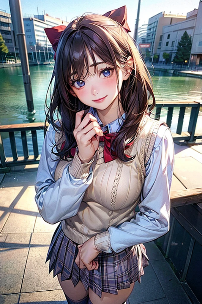 (masterpiece:1.2, Highest quality), (Realistic, photoRealistic:1.4), Beautiful illustrations, (Natural Side Lighting, Cinema Lighting), View your viewers, Cowboy Shot, Front view:0.6, 1 girl, Japanese, high school girl, Perfect Face, Cute and symmetrical face, Glowing Skin, (Mid-length hair:1.5, short hair:1.4, Purple Hair), Parted bangs, Light blue eyes, Long eyelashes, (:0.9, Thick thighs), Beautiful Hair, Beautiful Face, Beautiful attention to detail, Beautiful clavicle, Beautiful body, Beautiful , Beautiful thighs, Beautiful feet, Beautiful fingers, ((Light blue long sleeve shirt, Blue checked pleated mini skirt, socks, Brown Loafers, Red bow tie, Beige knitted vest)), Pink Panties, (Beautiful views), evening, River side, walk, Place your hand on your , (Cute smile )