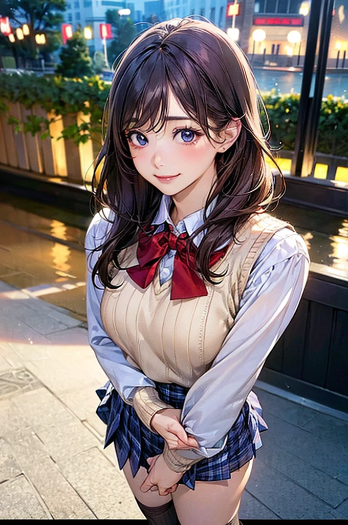 (masterpiece:1.2, Highest quality), (Realistic, photoRealistic:1.4), Beautiful illustrations, (Natural Side Lighting, Cinema Lighting), View your viewers, Cowboy Shot, Front view:0.6, 1 girl, Japanese, high school girl, Perfect Face, Cute and symmetrical face, Glowing Skin, (Mid-length hair:1.5, short hair:1.4, Purple Hair), Parted bangs, Light blue eyes, Long eyelashes, (Large Breasts:0.9, Thick thighs), Beautiful Hair, Beautiful Face, Beautiful attention to detail, Beautiful clavicle, Beautiful body, Beautiful breasts, Beautiful thighs, Beautiful feet, Beautiful fingers, ((Light blue long sleeve shirt, Blue checked pleated mini skirt, socks, Brown Loafers, Red bow tie, Beige knitted vest)), Pink Panties, (Beautiful views), evening, River side, walk, Place your hand on your chest, (Cute smile )