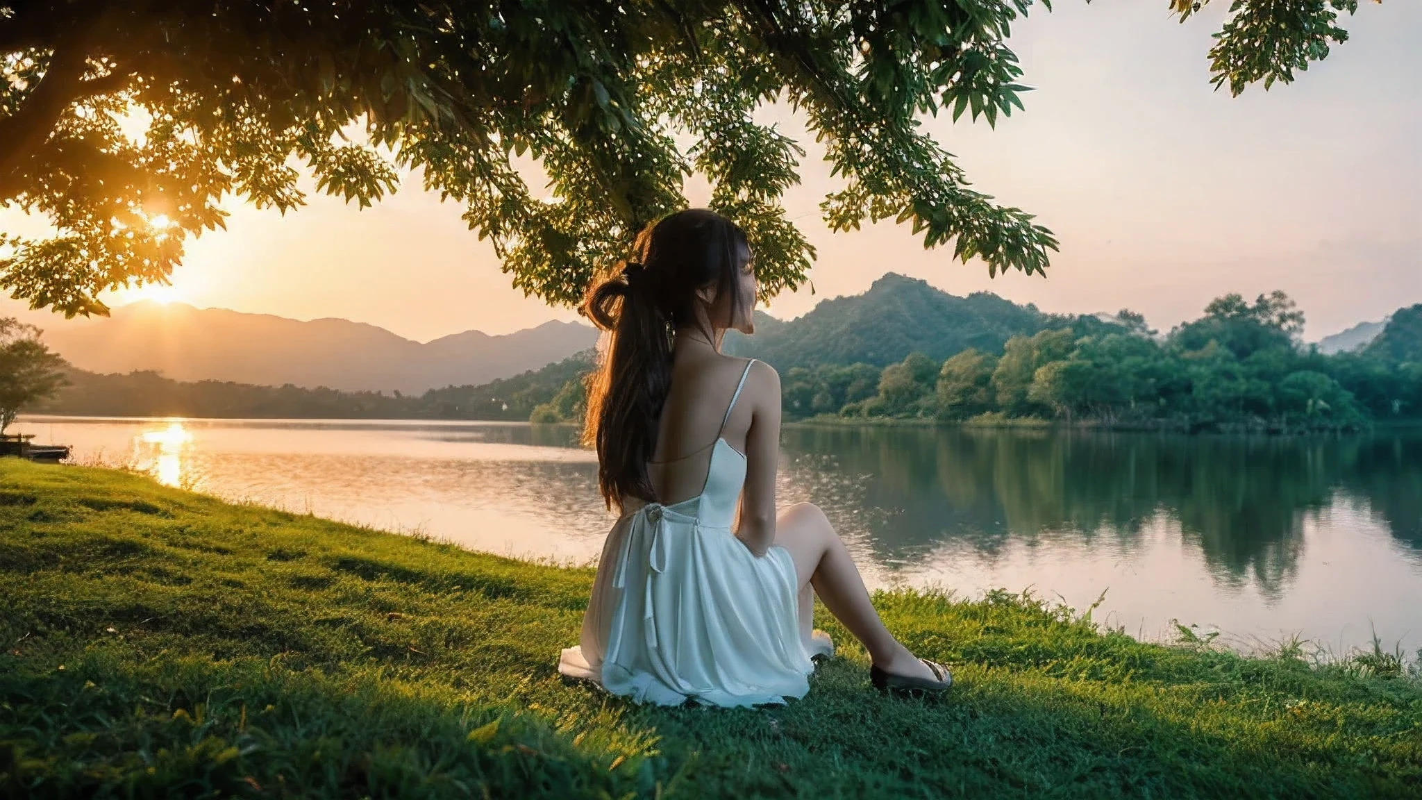 best quality, masterpiece, woman sitting with back turned,  Evening Twilight, lake behind mountain, sunset, big tree in the middle, sunlight through big trees, Thailand