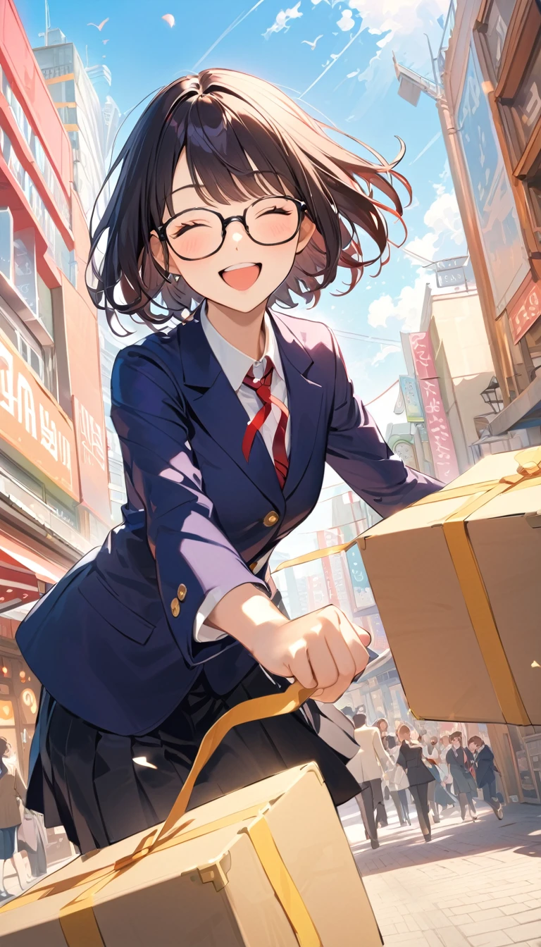 A high school girl with black short bob hair, Glasses,Red ribbon,wearing a navy blazer ,Happy smile,Moving,Happy atmosphere