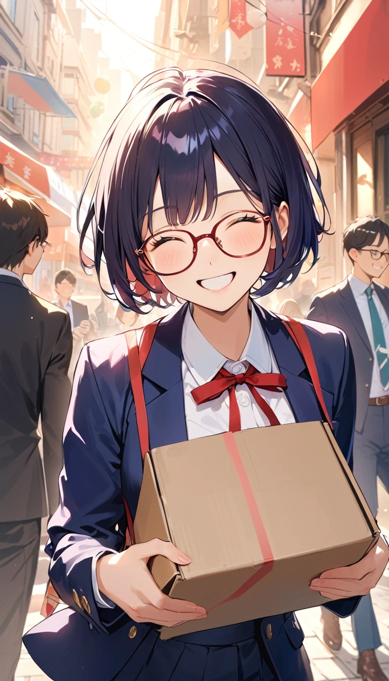 A high school girl with black short bob hair, Glasses,Red ribbon,wearing a navy blazer ,Happy smile,Moving,Happy atmosphere
