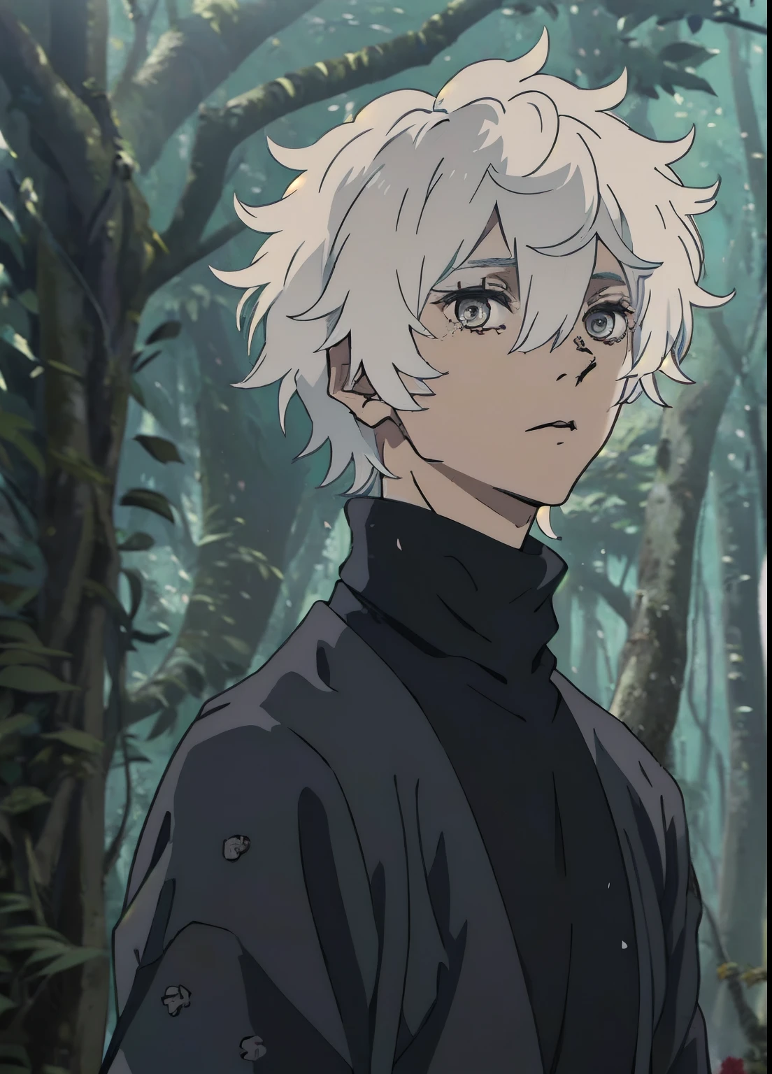 hellsparadise style, 1boy, male focus, solo, white hair, turtleneck, nature, flower, japanese clothes, grey eyes, upper body, forest, looking at viewer, outdoors, tree, hair between eyes, messy hair, ((masterpiece))