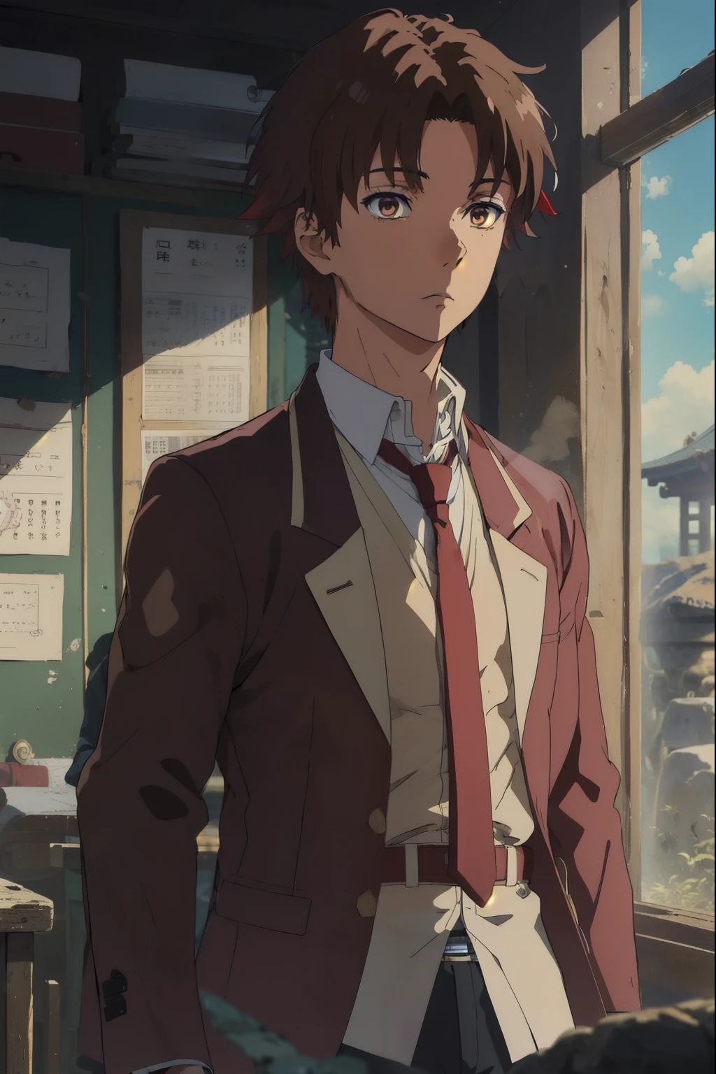 kiyotakaayanokouji, kiyotaka ayanokouji, brown hair, (brown eyes:1.5), male focus, (parted bangs:1.5), short hair,
BREAK , jacket, necktie, blazer, blue necktie, shirt, white shirt, collared shirt, (red blazer:1.5),
BREAK indoors, classroom,
BREAK looking at viewer, (cowboy shot:1.5),
BREAK (masterpiece:1.2), best quality, high resolution, unity 8k wallpaper, (illustration:0.8), (beautiful detailed eyes:1.6), extremely detailed face, perfect lighting, extremely detailed CG, (perfect hands, perfect anatomy),