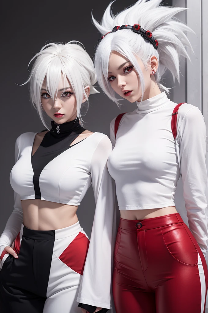 2d style Dragon ball White hair with red pupils, white outfit with black pants
