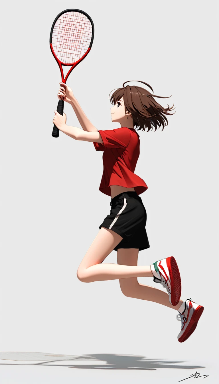 1girl， 独奏， smile， short_hair， simple_background， brown_hair， shirt， white_background， holding， full_body， short_sleeves， shoes， shorts， signature， profile， black_shorts， red_footwear， red_shirt， sneakers， jumping， racket，C4D Rendering，OC Rendering,Clarity Enhancement,Extremely high resolution