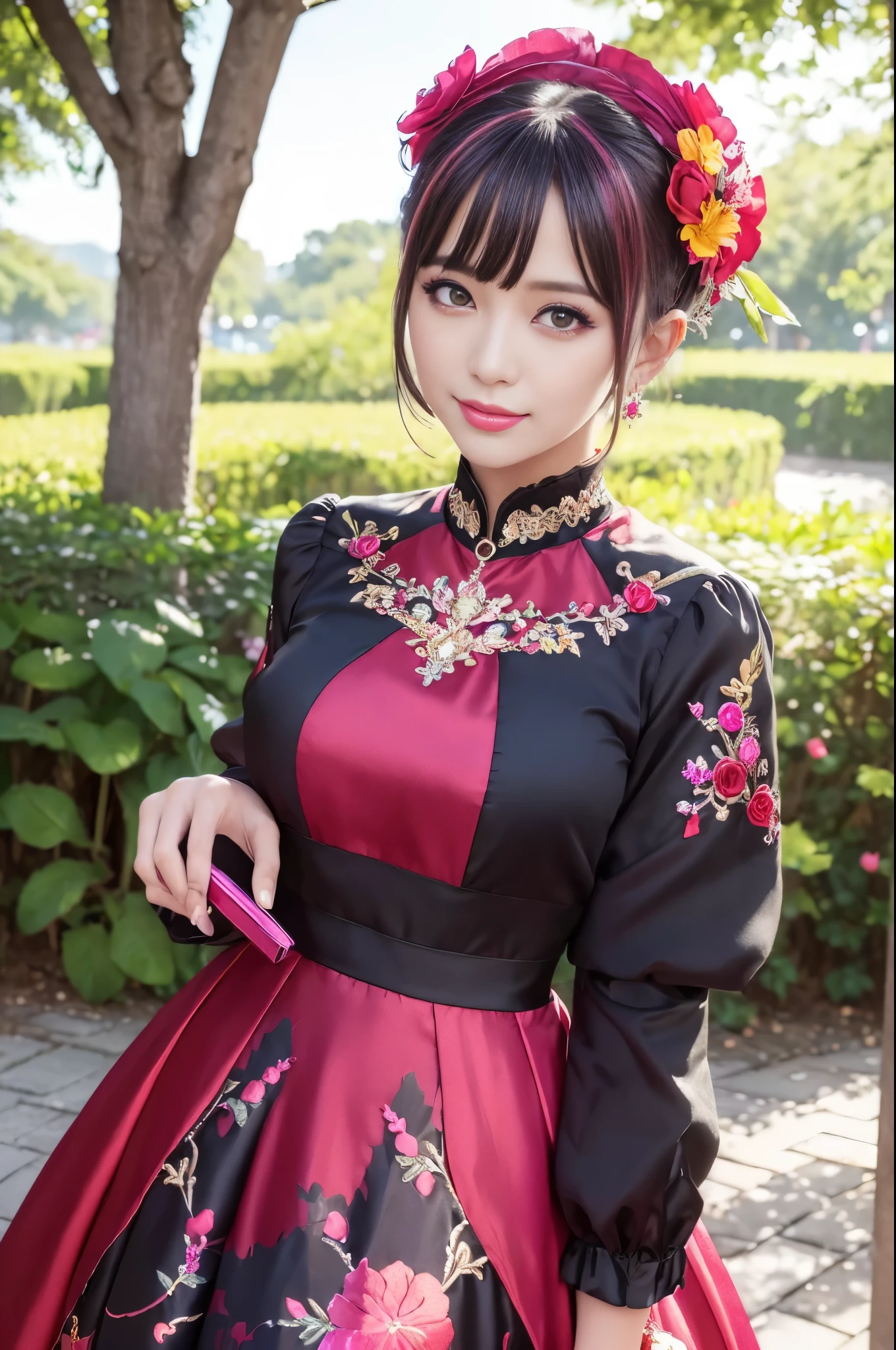 (masterpiece:1.4), (best quality:1.4), ultra high res, ultra high resolution, ((detailed facial features)), HDR, (realistic, photorealistic, photo-realistic:1.37), full body Esbian, sexy Vietnamese model, (-anime), vivid colors, ((vivid colors multicolor (red, fuchsia) very short hair)), (happy smile), lip-gloss, long lashes, ultra detailed makeup, defined eyebrows, wearing large sparkling colorful jewelery, wearing a red silk Paradise Kiss cosplay dress with black floral embroidery, ((vivid colors outfit)), vivid colors, look at the camera, cinematic light, large park background with trees, sweet and sexy pose