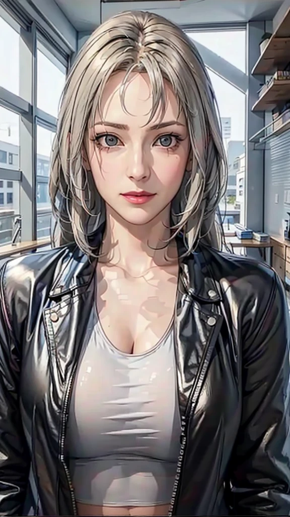 (((Perfect body,White and tender skin,(((black leggings,Black leather jacket,Wear a white tube top ))),(((T5un4D3, Light yellow long hair, blue purple mark on forehead, light yellow thin short eyebrows, bright brown pupils, light red lips))),((masterpiece)),high resolution, ((Best quality at best)),masterpiece,quality,Best quality,((( Exquisite facial features,Looking at the audience,There is light in the eyes,Smile))),))),(((Light and shadow,Huge breasts,))),(((Looking at the camera,black background,)))),