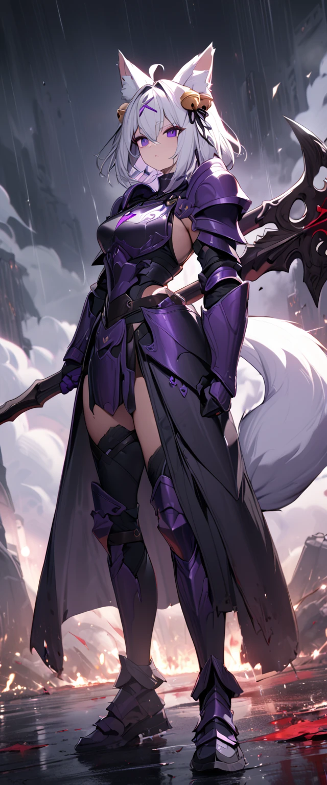 UHD, masterpiece, best quality, a stormy rainy day, 1girl, solo, Filian, ((fox tail)), cat ears, white hair, short hair, ahoge, hairclip, hair bell, big round eyes, deep purple eyes, ((dark purple eyes)), wearing knight's armor, holding a very large black spear, blood soaked, beautiful detailed spear, full body shot, solo, battlefield background, dramatic lighting, cinematic composition, highres, masterpiece
