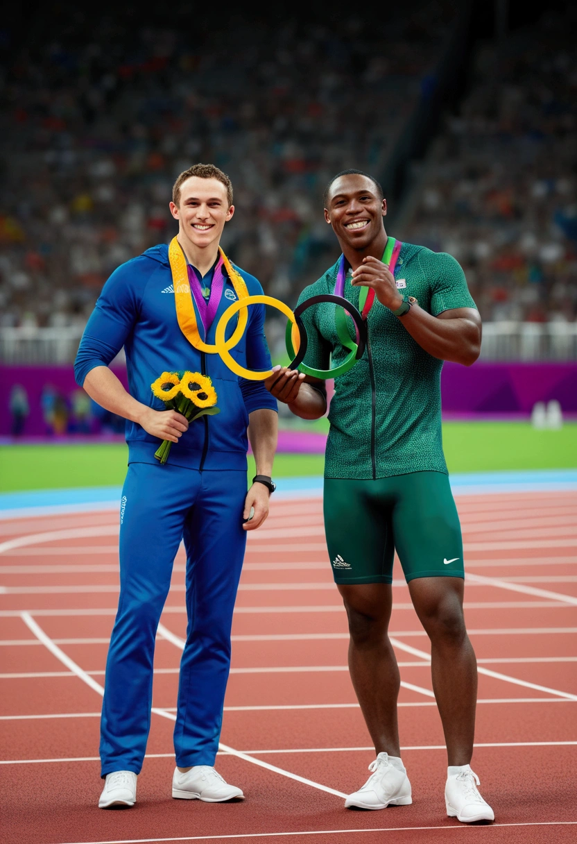 (Olympic Games), Olympic rings, venues, the upcoming athletes chat happily on the sidelines, full body, award-winning, cinematic still, emotional, vignette, dynamic, vivid, (masterpiece, best quality, photorealistic, Professional, perfect composition, very aesthetic, absurdres, ultra-detailed, intricate details:1.3)