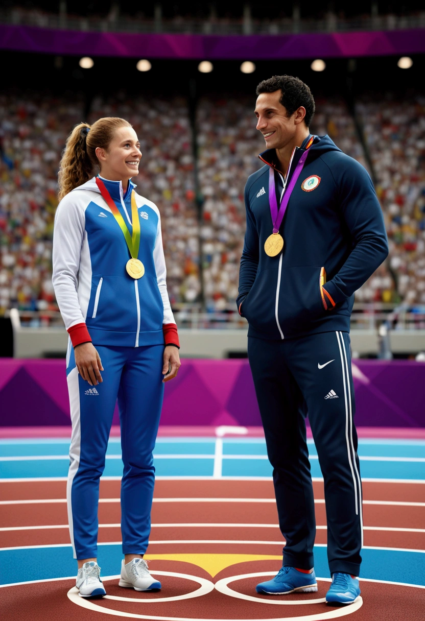 (Olympic Games), Olympic rings, venues, the upcoming athletes chat happily on the sidelines, full body, award-winning, cinematic still, emotional, vignette, dynamic, vivid, (masterpiece, best quality, photorealistic, Professional, perfect composition, very aesthetic, absurdres, ultra-detailed, intricate details:1.3)