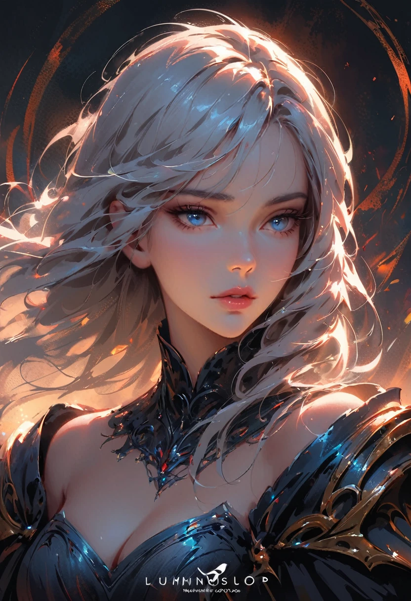 dark style, Luxearte style, Wlop style, portrait, Delicate face, Beautiful woman, Full lips, elf, 12th century, blue eyes, Briot, Lord of the Rings armor, white hair, Nearly perfect, Beautiful anime style, Clean Delicate face, glowing shadow, beautiful gradient, Depth of Field, Clean Graphics, high quality, High Detail, HD, Luminous Studio graphics engine