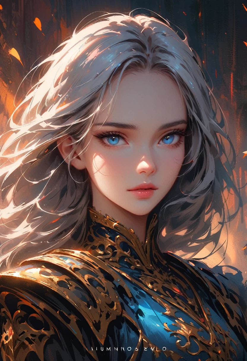dark style, Luxearte style, Wlop style, portrait, Delicate face, Beautiful woman, Full lips, elf, 12th century, blue eyes, Briot, Lord of the Rings armor, white hair, Nearly perfect, Beautiful anime style, Clean Delicate face, glowing shadow, beautiful gradient, Depth of Field, Clean Graphics, high quality, High Detail, HD, Luminous Studio graphics engine
