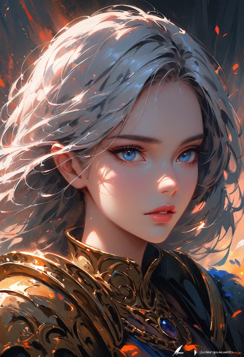 dark style, Luxearte style, Wlop style, portrait, Delicate face, Beautiful woman, Full lips, elf, 12th century, blue eyes, Briot, Lord of the Rings armor, white hair, Nearly perfect, Beautiful anime style, Clean Delicate face, glowing shadow, beautiful gradient, Depth of Field, Clean Graphics, high quality, High Detail, HD, Luminous Studio graphics engine