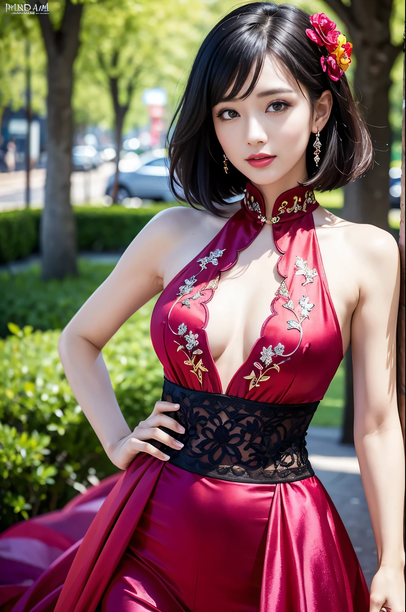 (masterpiece:1.4), (best quality:1.4), ultra high res, ultra high resolution, ((detailed facial features)), HDR, (realistic, photorealistic, photo-realistic:1.37), full body Esbian, sexy Vietnamese model, (-anime), vivid colors, ((vivid colors multicolor (red, fuchsia) very short hair)), (big smile), lip-gloss, long lashes, ultra detailed metallic makeup, defined eyebrows, wearing large sparkling colorful jewelery, (wearing a red silk Paradise Kiss cosplay dress with black floral embroidery), ((vivid colors outfit)), vivid colors, look at the camera, cinematic light, large park background with trees, sweet and sexy pose