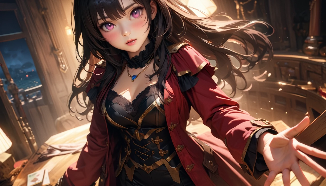 masterpiece, Best quality, 1 girl,photo, Studio photography, realistic:1.2, Littlemasterpiece, Best quality, very detailed, a high resolution, a high resolution, a high resolution, 4K, 8 K, unity 8k wallpaper, very detailed CG, masterpiece, realistic, beautiful details, depth, fine texture, Best quality: 1.3, aboutбщая концентрация, perfect skin, Him, aboutчень милое аниме, female pirate, Pirate Costume, Pirate Ship, whole body, Mole under the eye, Look, high, blush, lips parted, his art, Pink eyes, necklace、Wide buttocks、Эффект Тиндаллаmasuter piece、top quality、Highest standards、Highest image quality、Table、complex parts、a high resolution、depth of field、natural soft light、professional lighting、about, standing, very long hair, cowboy shot, brilliant, brilliant hair, (night:1.2),Dreamy, [[gentle fingers and hands:0.55]::0.85],(detailed fingers),),(emotional),(breathtaking),(main part:1.2) whole body.), (Anime Style), (Super Detailed), (brutal), (uhd, HDR), (8k), (High Resolution: 1.2), (Complex and Beautiful: 1.2)