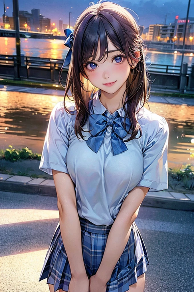 (masterpiece:1.2, Highest quality), (Realistic, photoRealistic:1.4), Beautiful illustrations, (Natural Side Lighting, Cinema Lighting), View your viewers, Cowboy Shot, Front view:0.6, 1 girl, Japanese, high school girl, Perfect Face, Cute and symmetrical face, Glowing Skin, (Mid-length hair:1.5, short hair:1.4, Purple Hair), Parted bangs, Light blue eyes, Long eyelashes, (Large Breasts:0.9, Thick thighs), Beautiful Hair, Beautiful Face, Beautiful attention to detail, Beautiful clavicle, Beautiful body, Beautiful breasts, Beautiful thighs, Beautiful feet, Beautiful fingers, ((Light blue short sleeve shirt, Blue checked pleated mini skirt, socks, Brown Loafers, Light blue bow tie)), Pink Panties, (Beautiful views), evening, River side, walk, Place your hand on your chest, (Cute smile )