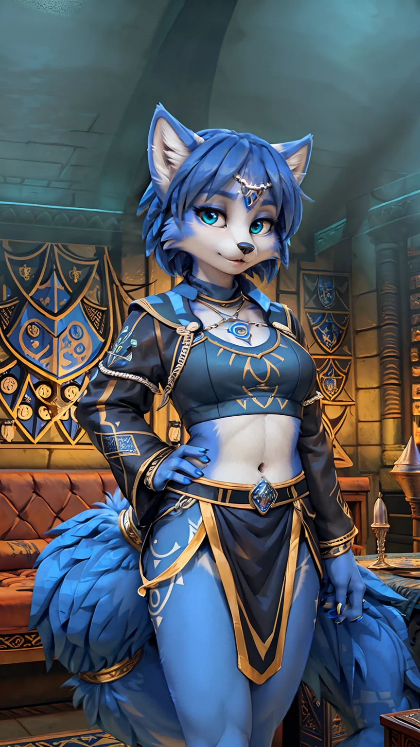 A beautiful and detailed picture of ((krystal)), Star Fox krystal,  green eyes, medium breasts, (((Long blue hair 1.3))),  anthro, furry, (von Fluff-Kevlar, Bayard Wu, personalize me, Pino Daeni),  detailed fluffy fur, detailed face, (fluffy), 1 girl, alone, hair cover one eye:1.4, wears tribal clothing with leather armor, wears tribal top with leather armor, ((in the Ravenclaw common room at Hogwarts:1.4)), ignores the viewer