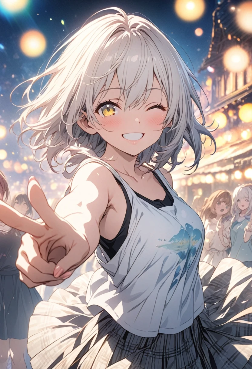 masterpiece, Highest quality, Highly detailed CG Unity 8K wallpapers, High  Girl Anime Illustration. Wear an oversized tank top, She is wearing a red and black checked skirt, Koi Dance, Pointing the index fingers of both hands, she has her eyes closed and mouth open, smile. The background is a light pastel colored landscape.., white hair color, Yellow Eyes, bokeh photography, (soft focus):1.2, out-of-focus highlights, dreamy ambiance, glowing circles, mesmerizing depth, The background is a realistic landscape