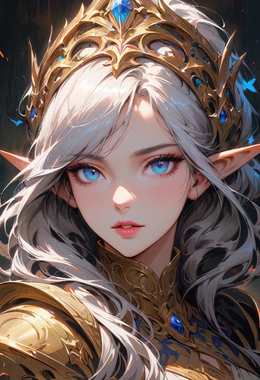 dark style, Luxearte style, Jun Kim style, portrait, Delicate face, Beautiful woman, Full lips, elf, 12th century, blue eyes, Briot, Lord of the Rings armor, white hair, Nearly perfect, Beautiful anime style, Clean Delicate face, glowing shadow, beautiful gradient, Depth of Field, Clean Graphics, high quality, High Detail, HD, Luminous Studio graphics engine