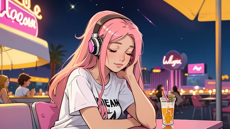 A beautiful young woman in her 20s with straight pink midium long hair, wearing headphones, sitting on the terrace of a night cafe, looking down with her eyes closed, lofi girl, t-shirt, mood, comfortable, las vegas, In-N-Out Burger, My arms are down, Upper Body