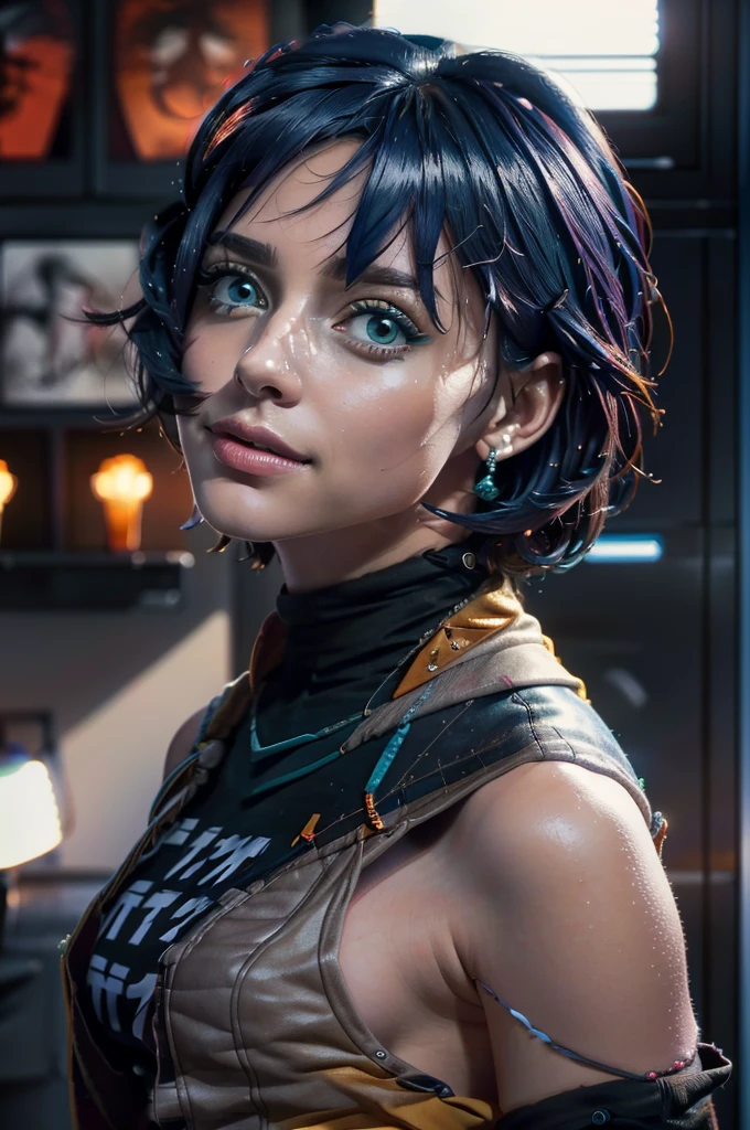 (masterpiece:1.3), (8k, photorealistic, RAW photo, best quality: 1.4), (1girl), beautiful face, (realistic face), (dark blue hair, short hair:1.3), beautiful hairstyle, realistic eyes, beautiful dark green detailed eyes, (realistic skin), beautiful skin, absurdres, attractive, ultra high res, ultra realistic, highly detailed, golden ratio, Belle (Zenless Zone Zero), happy face, glow, eye shadow, 1girl, Depth & Perspective, smiling on her face, fine face, She's standing in the bedroom, indoors, sunlight from windows, looking at viewer, (ultra-high detail:1.2), Masterpiece, Best Quality, Ultra-detailed, Cinematic lighting, 8K, delicate features, cinematic, A young girl in realistic portrait of high quality and detail, movie style,

