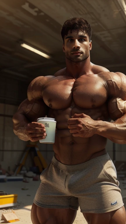 (a man:1.1) A Man weared tight gym wetty tank and underwear at construction site((Hight Quality)) (construction site), ((best quality,4k,8k,highres, perfect brown eyes
