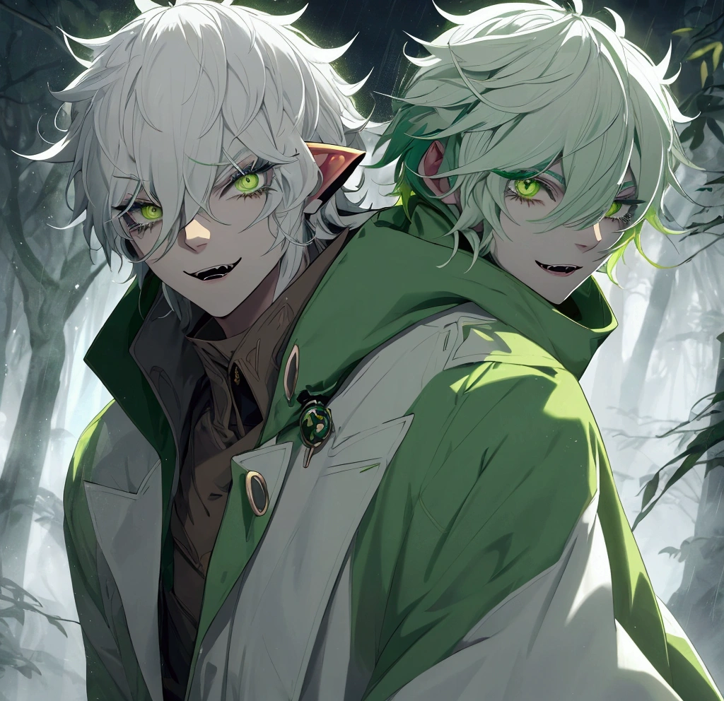 cute green yellow ice fox boy forest (White hair)(((white eyelashes)))((brown raincoat))(protruding fangs)((one man))