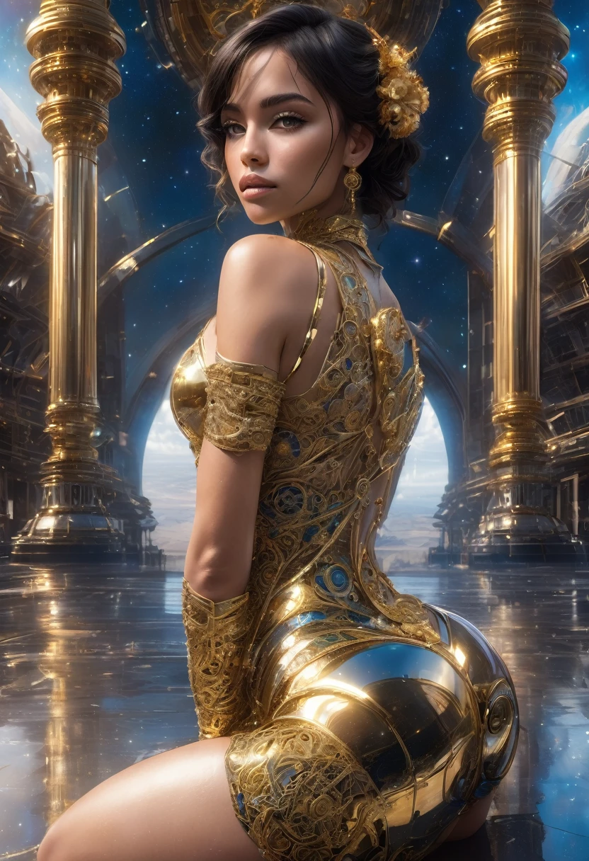 In the style of Clockpunk fusion, which is a combination of intricate clockwork mechanisms and the ornate aesthetics of the Renaissance era, a beautiful young woman kneels is on all fours, looking back at the viewer. In the Distance, a futuristic castle intersects the view of a vibrant cosmic galaxy in a starry sky. Gears, cogs, and intricate machinery interwoven with rich fabrics, elaborate patterns, and opulent details define the aesthetic of the image. The slightly post-apocalyptic scene has very dim lighting, and includes intricate patterns and motifs reminiscent of classical art. The magical cosmic view behind her is filled with the vibrant colors of space, the universe, and planets. The futuristic castle between her and the celestial display is illuminated brightly, showing off its futuristic architecture. Brittania Ochoa is a beautiful tanned Latina woman with shoulder-length straight brunette hair. Her face is round and heart shaped with an angular jaw and a shorter face length. She has wide almond-shaped blue eyes that sparkle like sapphires. She is slightly curvaceous with a well-toned body and perfect ass and has very dark skin. She has perfectly drawn hands. Her anatomy is perfect. She is wearing an unbuttoned white silk blouse that shows off her 34dd cleavage, leather miniskirt, black gloves, and black thigh-high boots. Around her neck is a gold necklace with vibrant yellow space gems embedded into it. She has a shiny gold chain around her thighs that have multiple vibrant yellow space gems embedded into it. Around her waist and hips, another gold chain is wrapped. It too is embedded with sparkling yellow space gems. yellow space gems embedded headphones cover her ears. She is on all fours, looking back at the viewer with a seductive look., masterpiece, best quality, highly detailed, official art extremely detailed CG unity 8k wallpaper, 8k resolution, full body, hair stick, jewelry, necklace, hoop earrings, sapphire brooch, Cinematic Lighting,