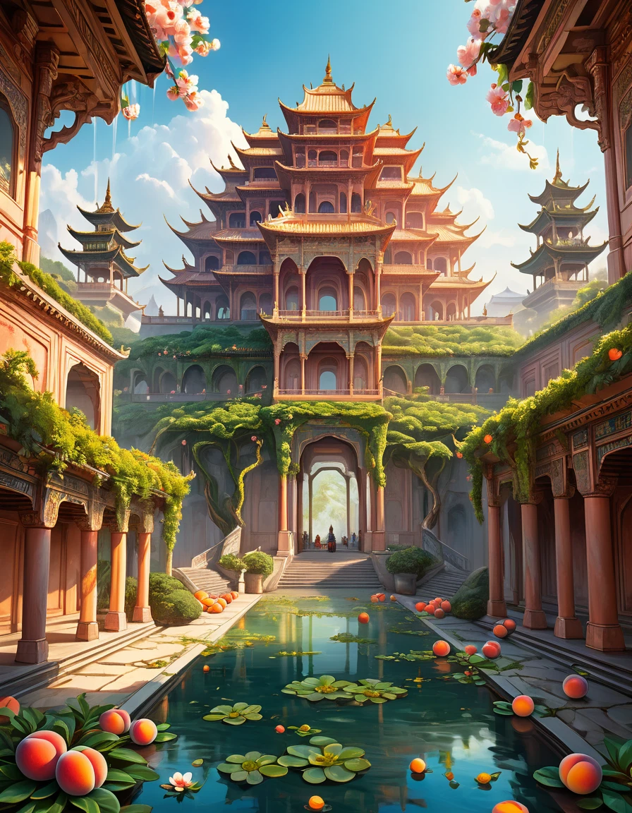 In a wondrously gleaming futuristic realm composed entirely of ripe peaches, a towering palace made of glistening peach flesh and pitted stone stands as the focal point of the image. The palace's walls are adorned with intricate carvings of peach vines and blossoms, while peach juice flows like streams through the city streets. This vivid and surreal painting captures the ethereal beauty of a world where nature and architecture are seamlessly intertwined, every detail rendered with unparalleled precision and depth, making viewers feel as if they could reach out and touch the succulent fruit structures.