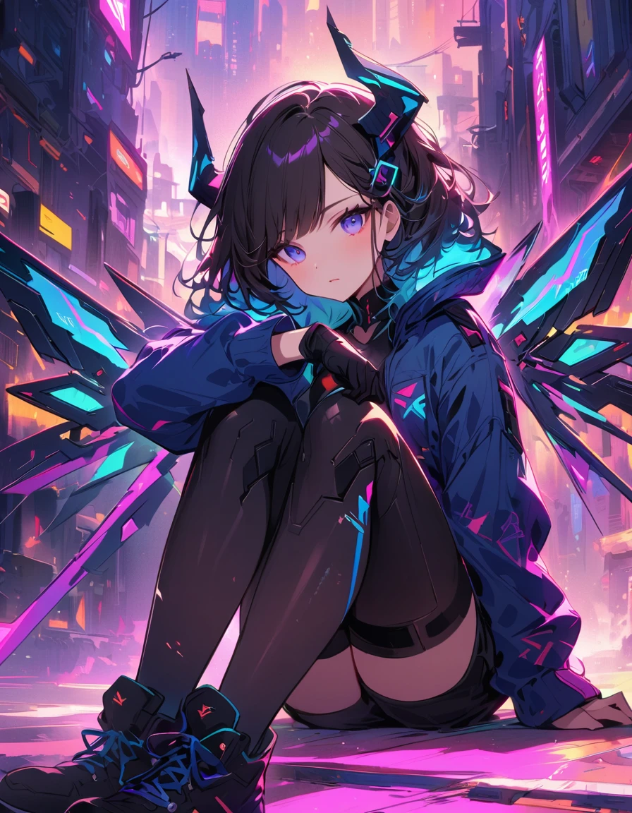Cyberpunk girl with futuristic appearance, with mechanical wings and horns, sitting in a dynamic pose. She has dark hair with neon highlights, she is wearing a black outfit and a blue jacket.. The background is simple, Bright., Neon cityscape with blue and pink shades, emphasizing high technology, Sci-fi atmosphere. -- AR 3:4 --style 1000 --greater than 6