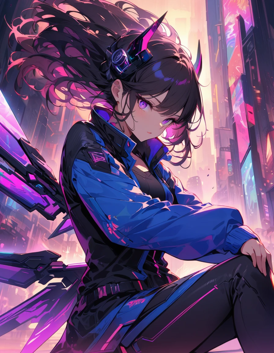 Cyberpunk girl with futuristic appearance, with mechanical wings and horns, sitting in a dynamic pose. She has dark hair with neon highlights, she is wearing a black outfit and a blue jacket.. The background is simple, Bright., Neon cityscape with blue and pink shades, emphasizing high technology, Sci-fi atmosphere. -- AR 3:4 --style 1000 --greater than 6