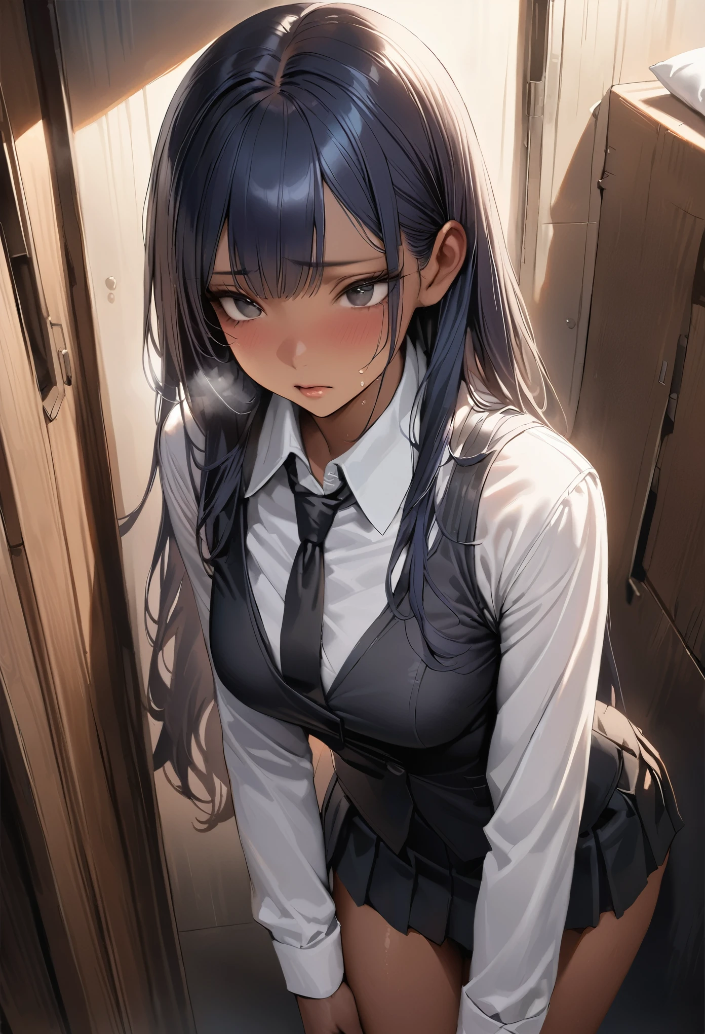 ((masterpiece,Highest quality:1.3,best quality illustration)),realistic,cowboy shot,1woman,(20 year old beauty),((very small head:1.3)),ideal ratio body proportions,dark blue hair,straight long hair,bangs,black eyes,gorgeous big eyes,sad,Heavy breathing、((tan skin,skinny)),(Black vest、Black tie、White collared shirt、Long sleeve、Black pleated mini skirt)),medium breasts,gleaming skin,slender body,sweat,standing,Simple bedroom,Shinjuku、Tokyo、