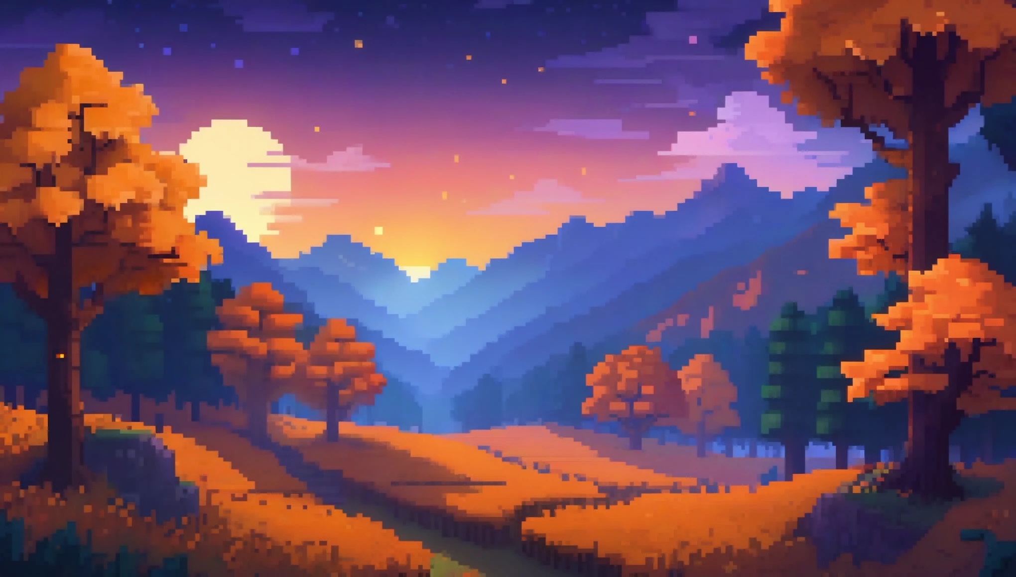 mountains, big orange trees, forest, autumn, evening, twilight, sunset, fireflies flying in the air, epic, mystical, pixel style like minecraft and stardew valley