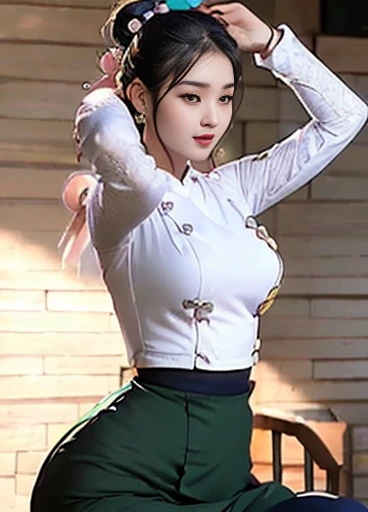 photorealistic, high resolution, masterpiec e best quality ultra-detailed, 1women. (m edium breast), hair bun, jesmine flower o n the head, mature female, solo, hips up, (wearing acmmsayarma outfit, acmmsaya rma ( ♥️ top ) with buttons, long sleeves), ((acmmsayarma 🖤 long skirt)