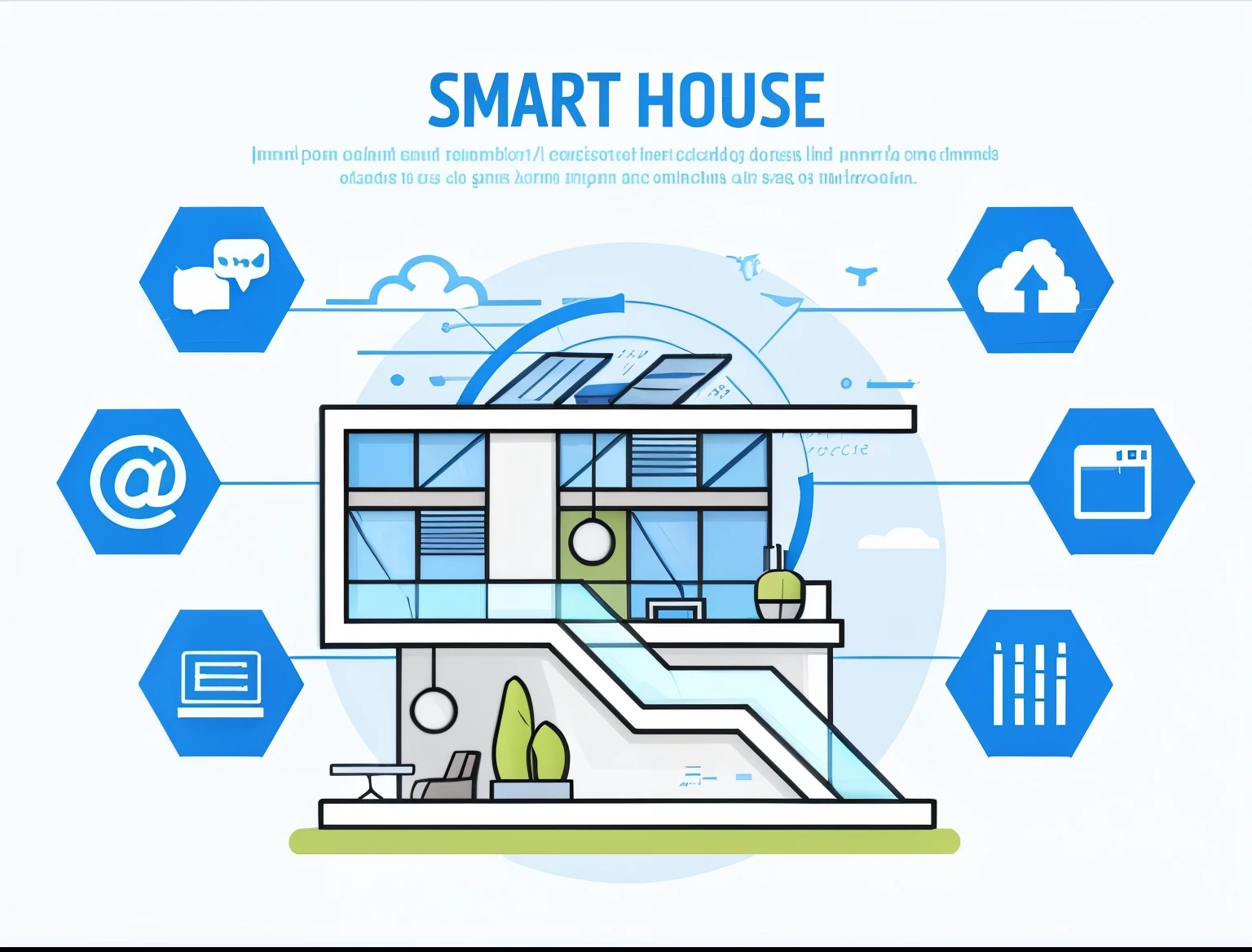 Create a modern illustration of a smart house. The house should be futuristic and stylish, with large windows, and a sleek design. Around the house, include icons representing smart home features such as communication, internet connectivity, cloud storage, smart appliances, energy efficiency, and home automation controls. Use a clean and minimalistic style with a color scheme primarily in shades of blue and white. The background should be simple, with subtle elements like clouds and abstract shapes