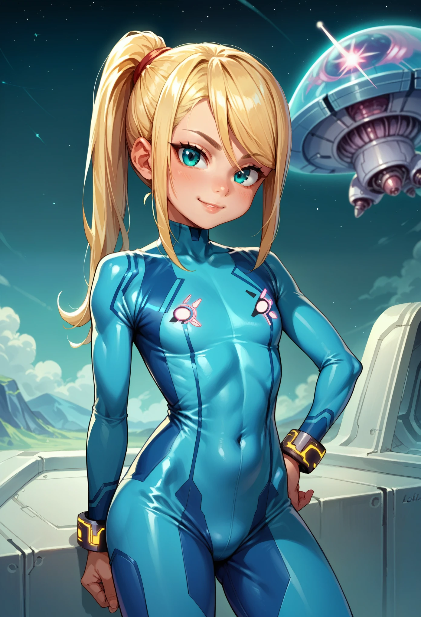 score_9, score_8_up, score_7_up, score_6_up, source_anime, (li:1.5),kid, flat chest, defSamus, blonde hair, bodysuit, blue clothes, blue pants, smiling, hand to hip, standing, looking at you, spaceship