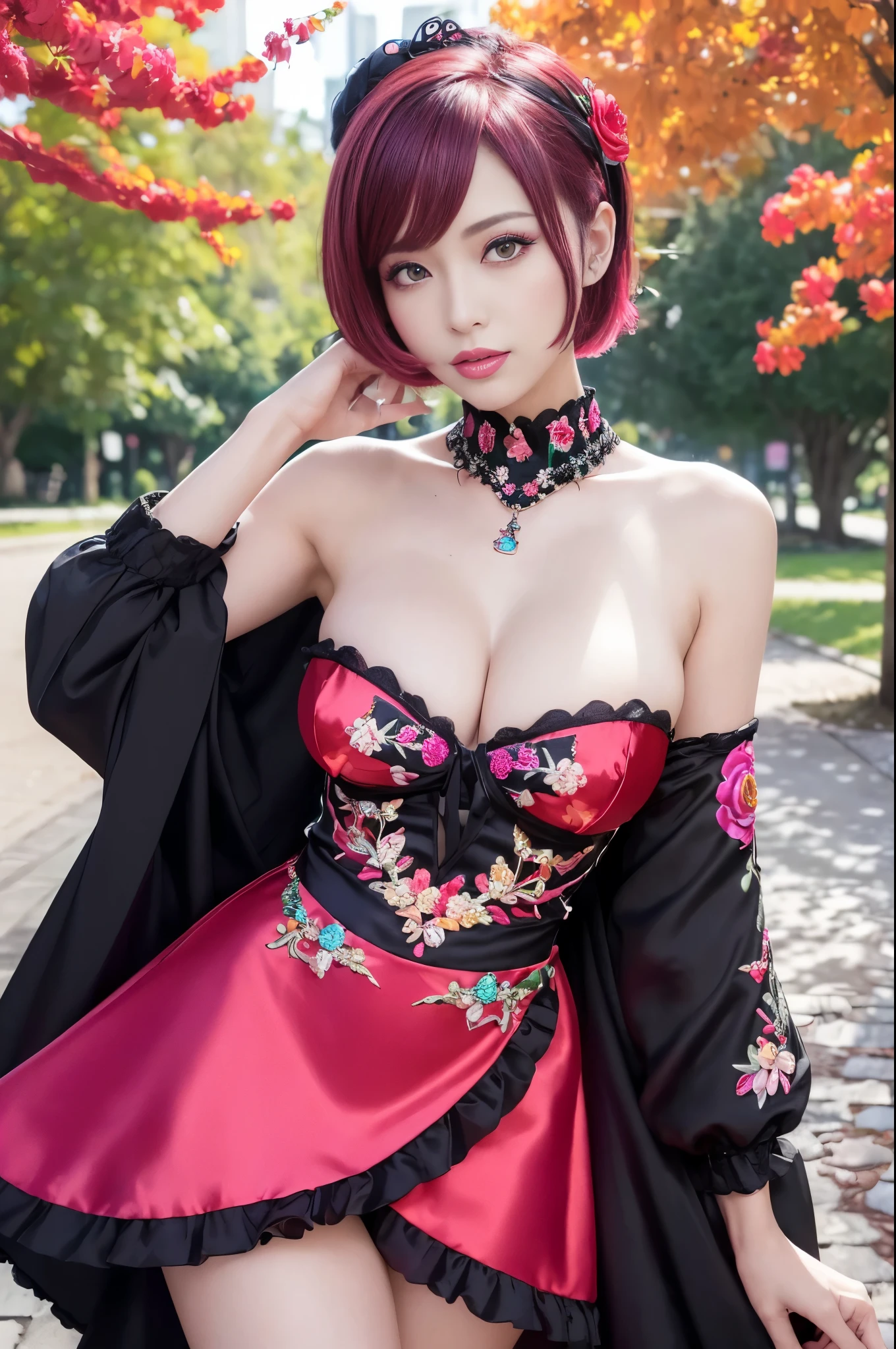 (masterpiece:1.4), (best quality:1.4), ultra high res, ultra high resolution, ((detailed facial features)), HDR, (realistic, photorealistic, photo-realistic:1.37), full body Esbian, sexy Vietnamese model, (-anime), vivid colors, ((vivid colors multicolor (red, fuchsia) very short hair)), (big smile), lip-gloss, long lashes, ultra detailed metallic makeup, defined eyebrows, wearing large sparkling colorful jewelery, (wearing a red silk Paradise Kiss cosplay dress with black floral embroidery), ((vivid colors outfit)), vivid colors, look at the camera, cinematic light, large park background with trees, sweet and sexy pose