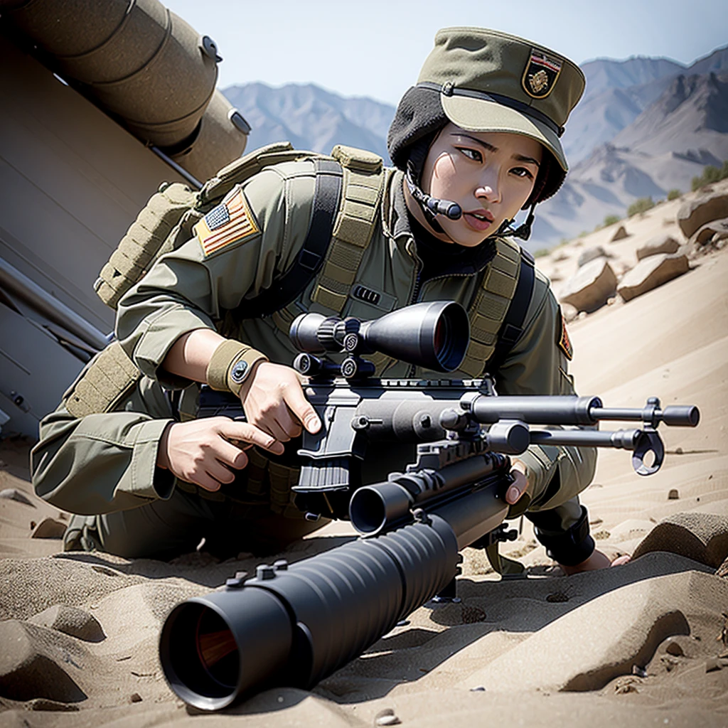 tactical soldier with robust sniper rifle in war scene with fire