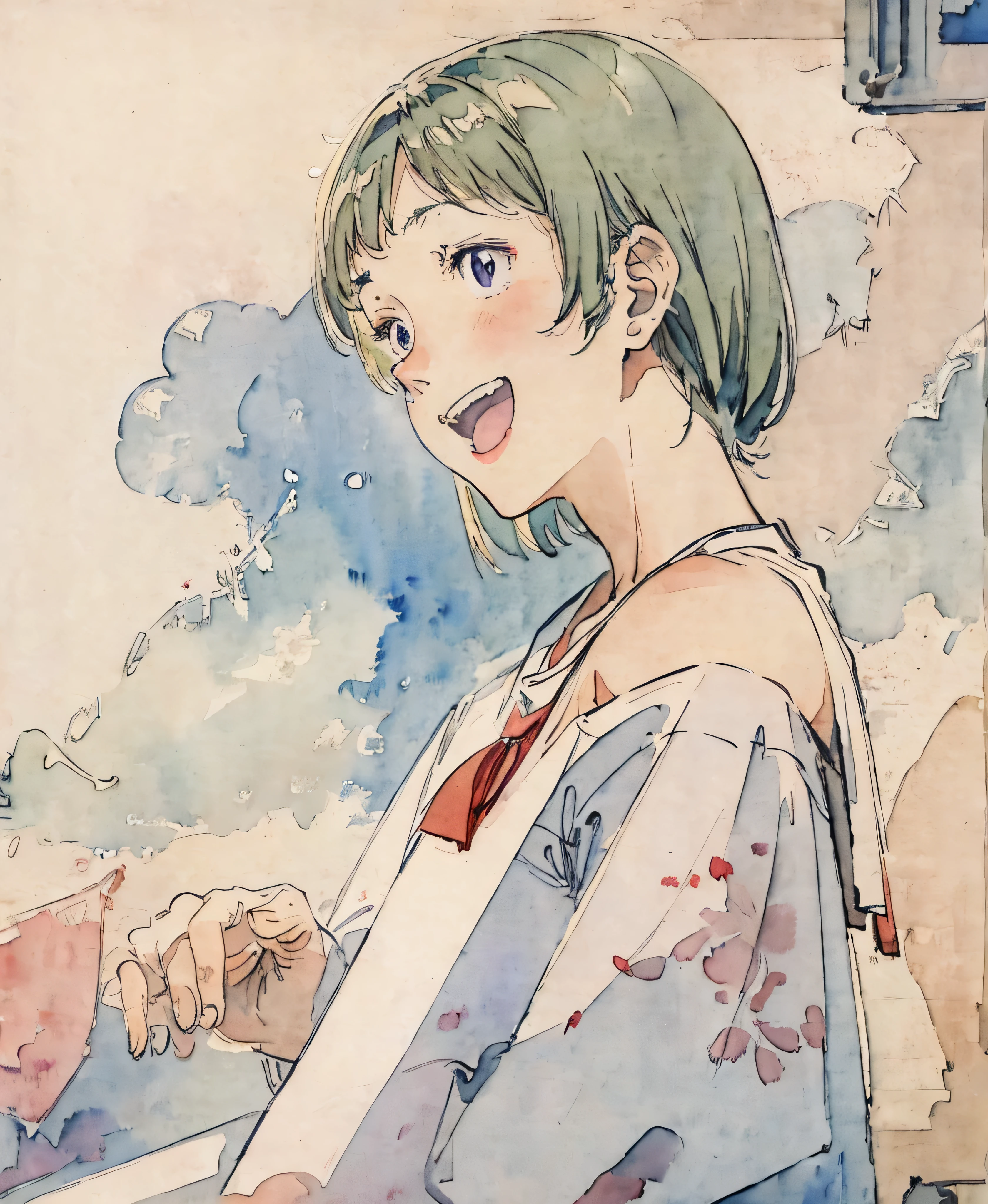 male、School classroom、Watercolor style、pale colour、Hand-drawn style, 16-year-old student、expensive 、Laughter、frontage、Upper Body、Upper Body、