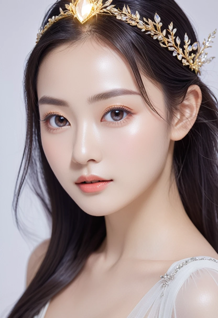 A shining and mysterious goddess of love and beauty　Emits a majestic and shining aura　A beautiful woman with deep features　Clear skin and radiance々Hair　A beautiful face looking straight ahead　