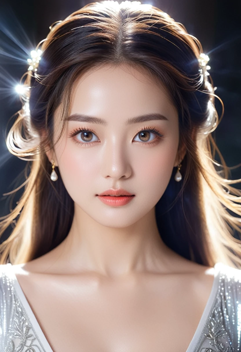 A shining and mysterious goddess of love and beauty　Emits a majestic and shining aura　A beautiful woman with deep features　Clear skin and radiance々Hair　A beautiful face looking straight ahead　