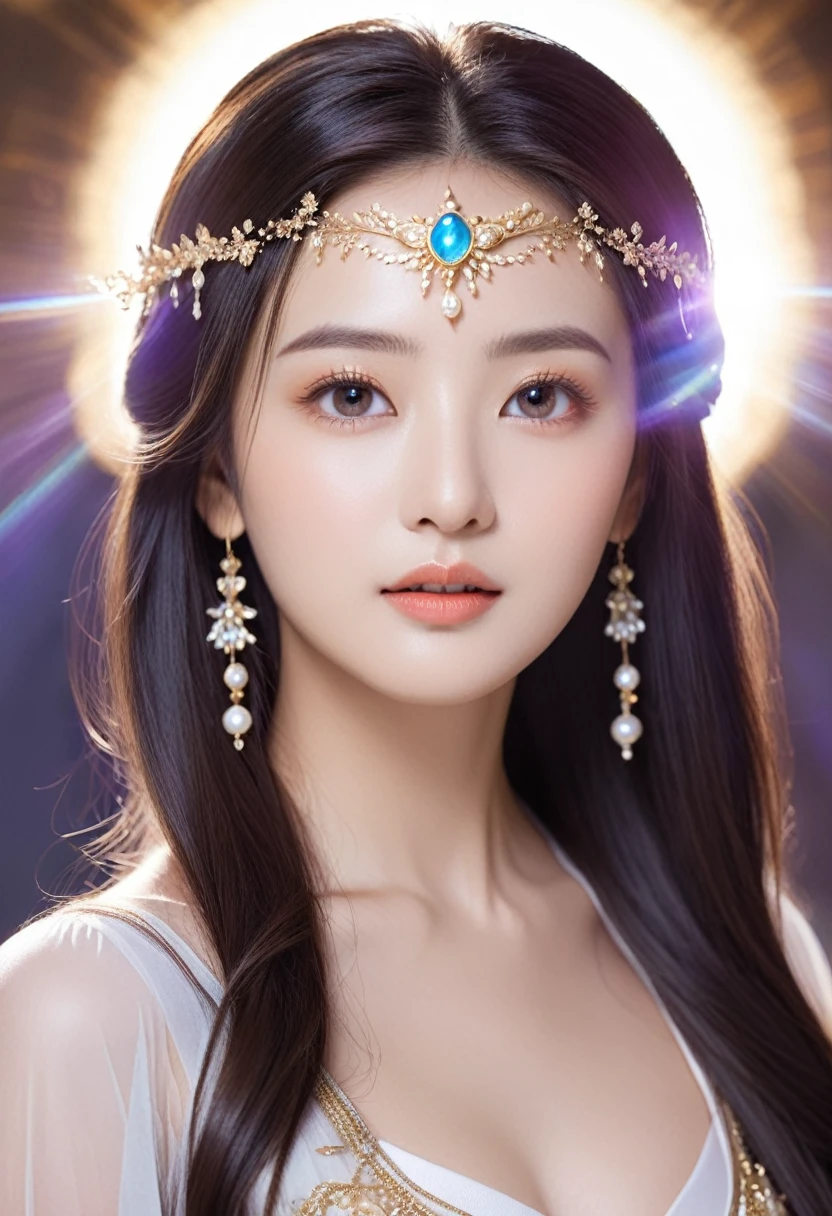 A shining and mysterious goddess of love and beauty　Emits a majestic and shining aura　A beautiful woman with deep features　Clear skin and radiance々Hair　A beautiful face looking straight ahead　