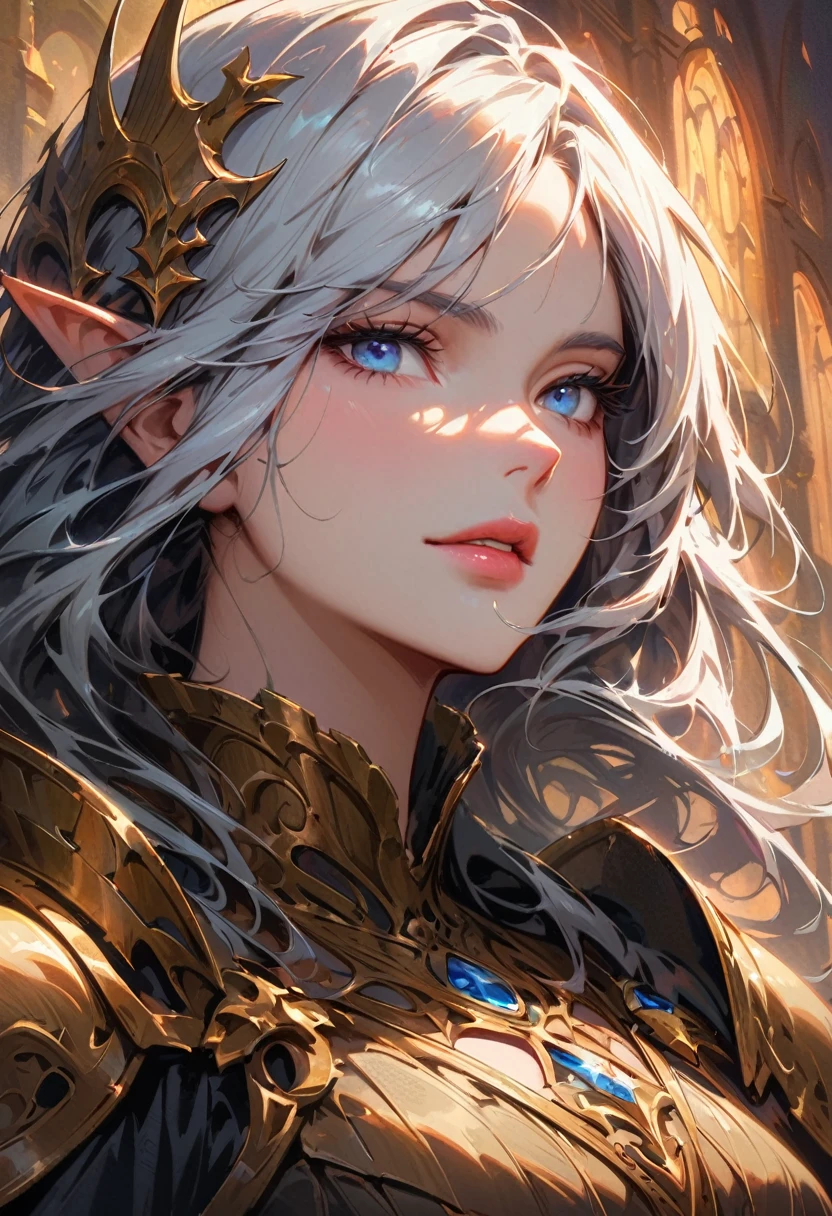 dark style, Luxearte style, Jun Kim style, portrait, Delicate face, Beautiful woman, Full lips, elf, 12th century, blue eyes, Briot, Lord of the Rings armor, white hair, Nearly perfect, Clean Delicate face, glowing shadow, beautiful gradient, Depth of Field, Clean Graphics, high quality, High Detail, HD, Luminous Studio graphics engine