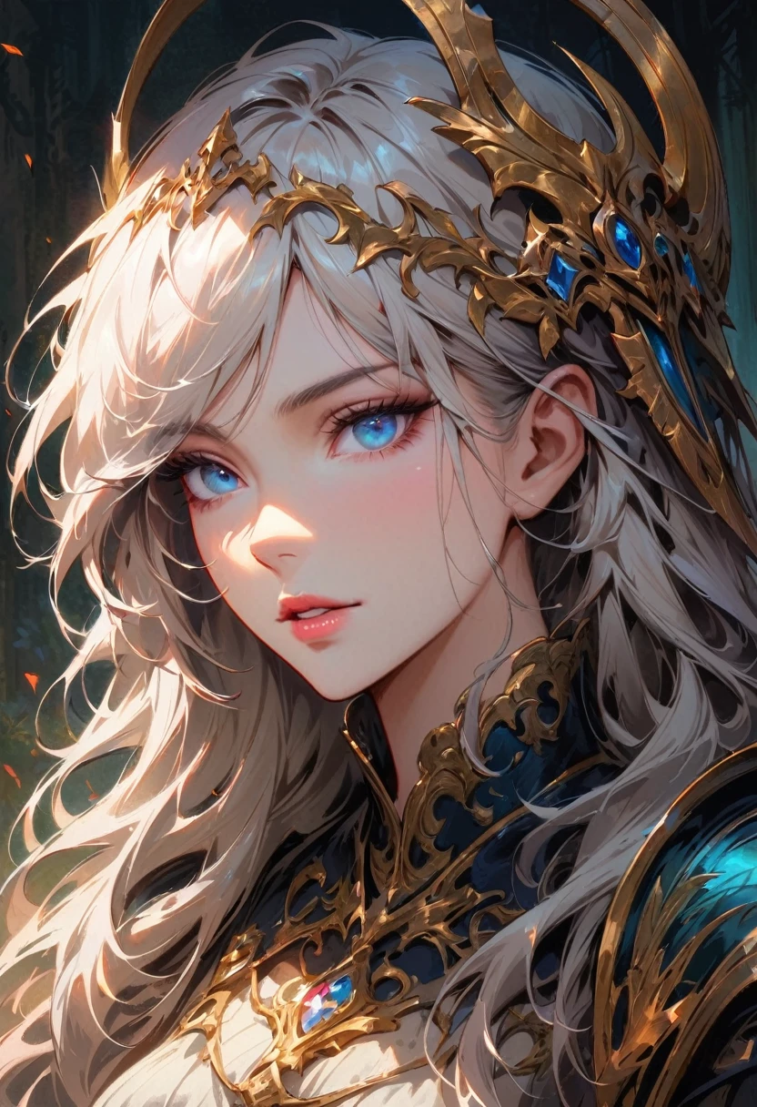 dark style, Luxearte style, Jun Kim style, portrait, Delicate face, Beautiful woman, Full lips, elf, 12th century, blue eyes, Briot, Lord of the Rings armor, white hair, Nearly perfect, Clean Delicate face, glowing shadow, beautiful gradient, Depth of Field, Clean Graphics, high quality, High Detail, HD, Luminous Studio graphics engine